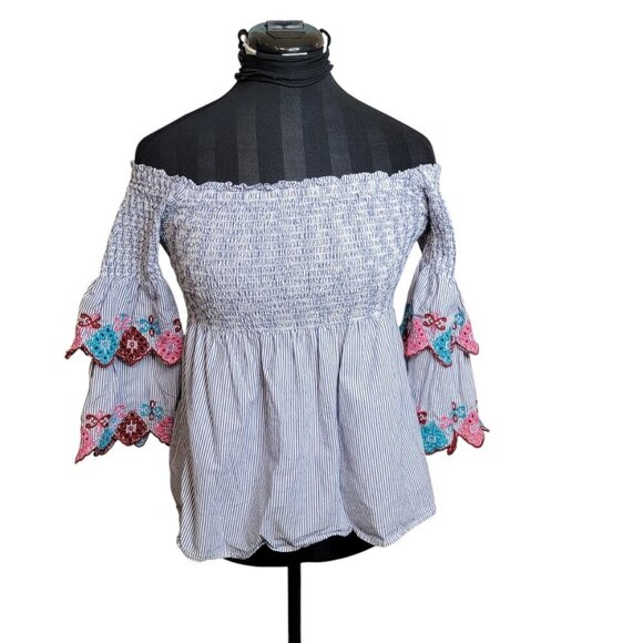 Ann Taylor Petite Off-the-Shoulder Blouse – Smocked Bodice & Embroidered Sleeve - Picture 2 of 8